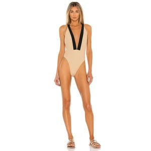 New Michael Costello Talliah One Piece Swimsuit Tan Black Crisscross Back Sz S